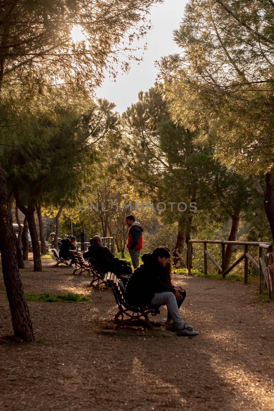 Barcelona, Spain: 2021 March 23: People in El Carmel bunkers viewpoint in Barcelona, Spain.