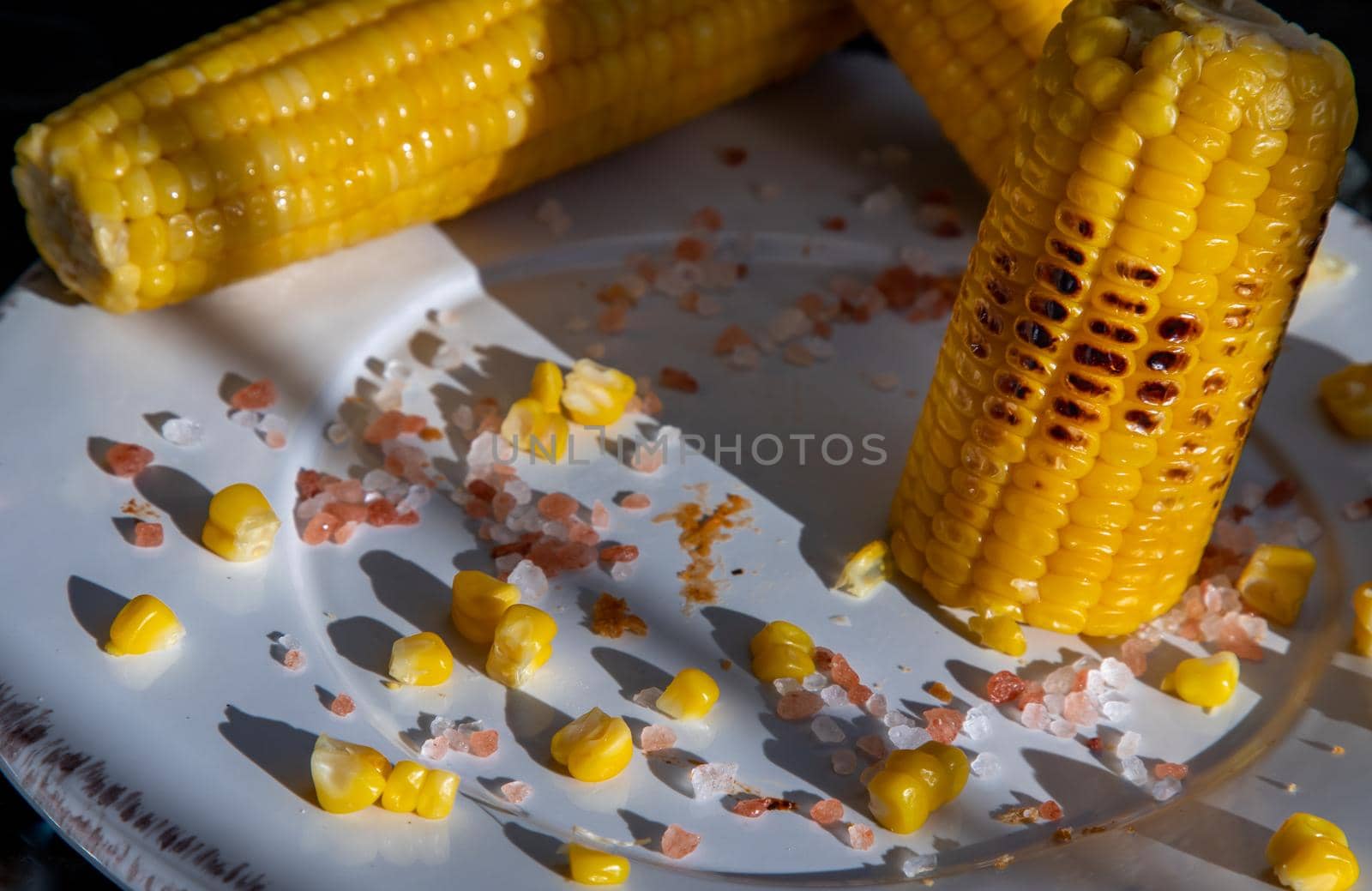 Close-up of Grilled corn on the cob  on classic white plate over dark background. by tosirikul