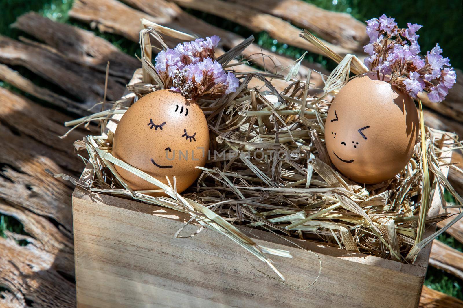 The two happy eggs is lying on dry straw. Happy and relaxing concept.