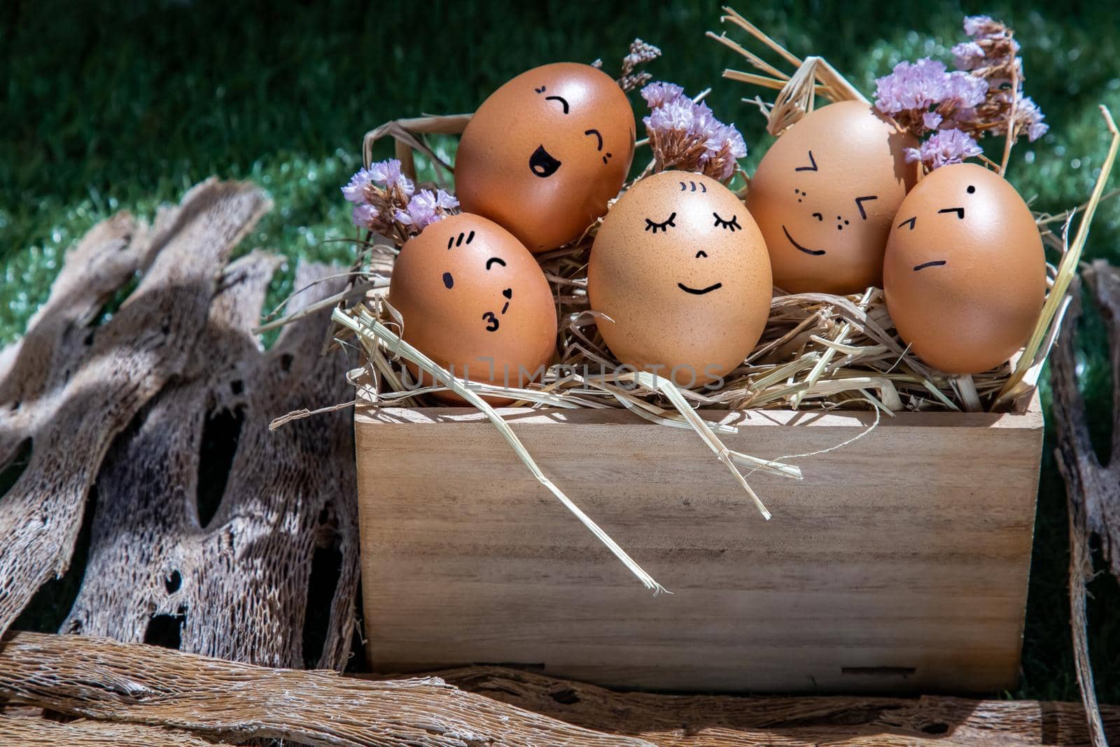 A conceptual image of Group of eggs with various emotions. Representing racial harmony, Diversity, integration and emotional, Happy and relaxing concept.