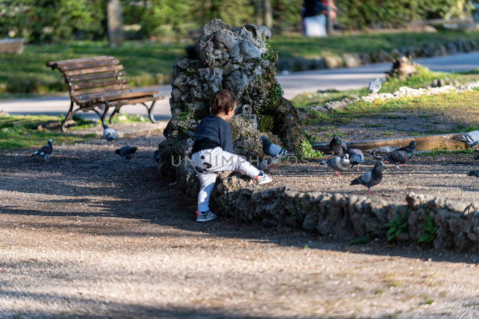 terni,italy march 25 2021:child at the park playing with pigeons near the fountain