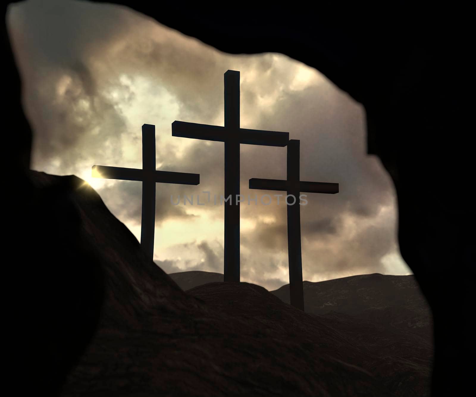 Silhouette of Christ cross from an opened tomb in the resurrection concept. by ankarb