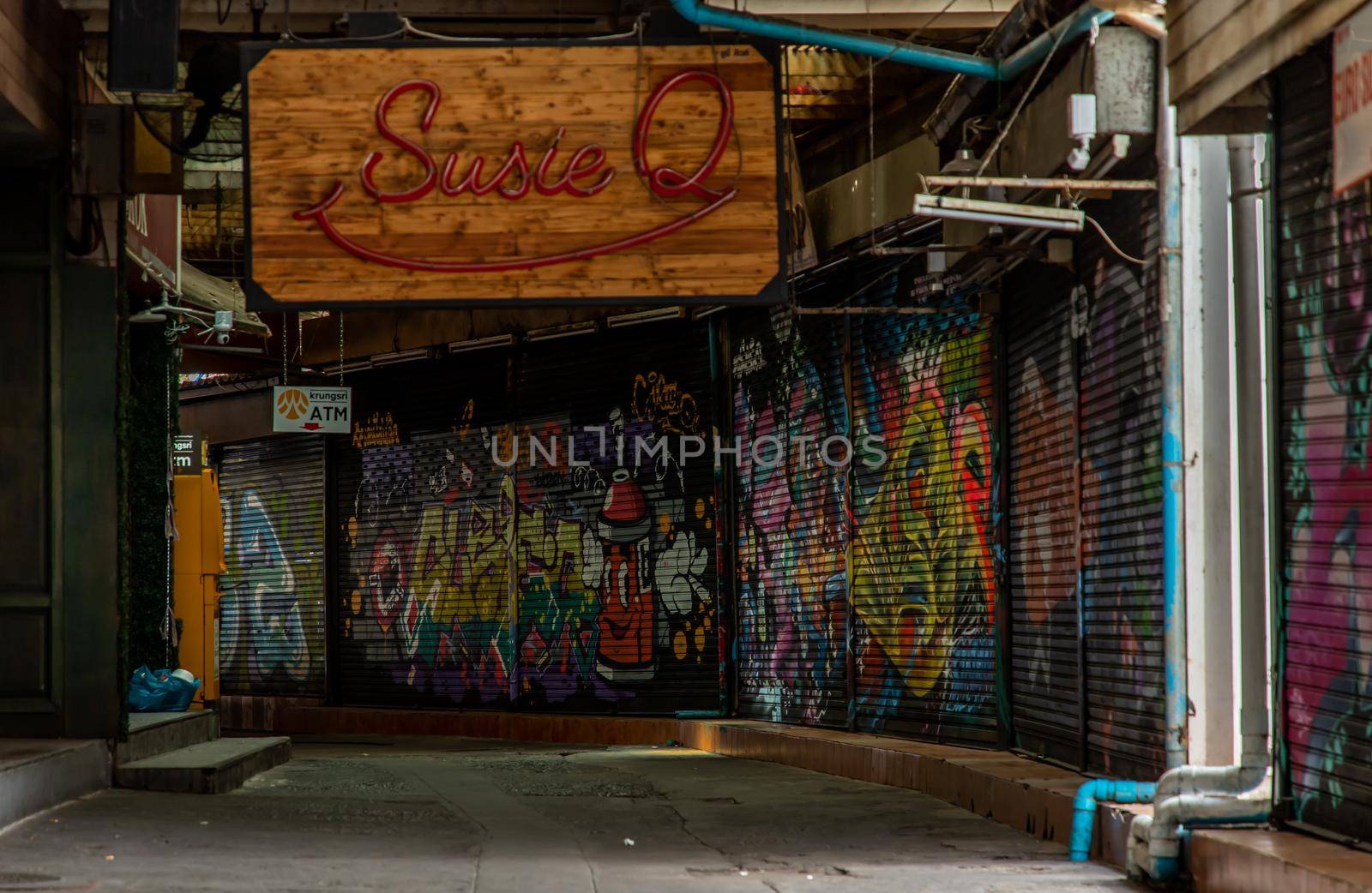 Bangkok, Thailand - Jun 19, 2020 : The closed shop in Alley at Khao San Road on daytime without people. COVID-19 outbreak situation