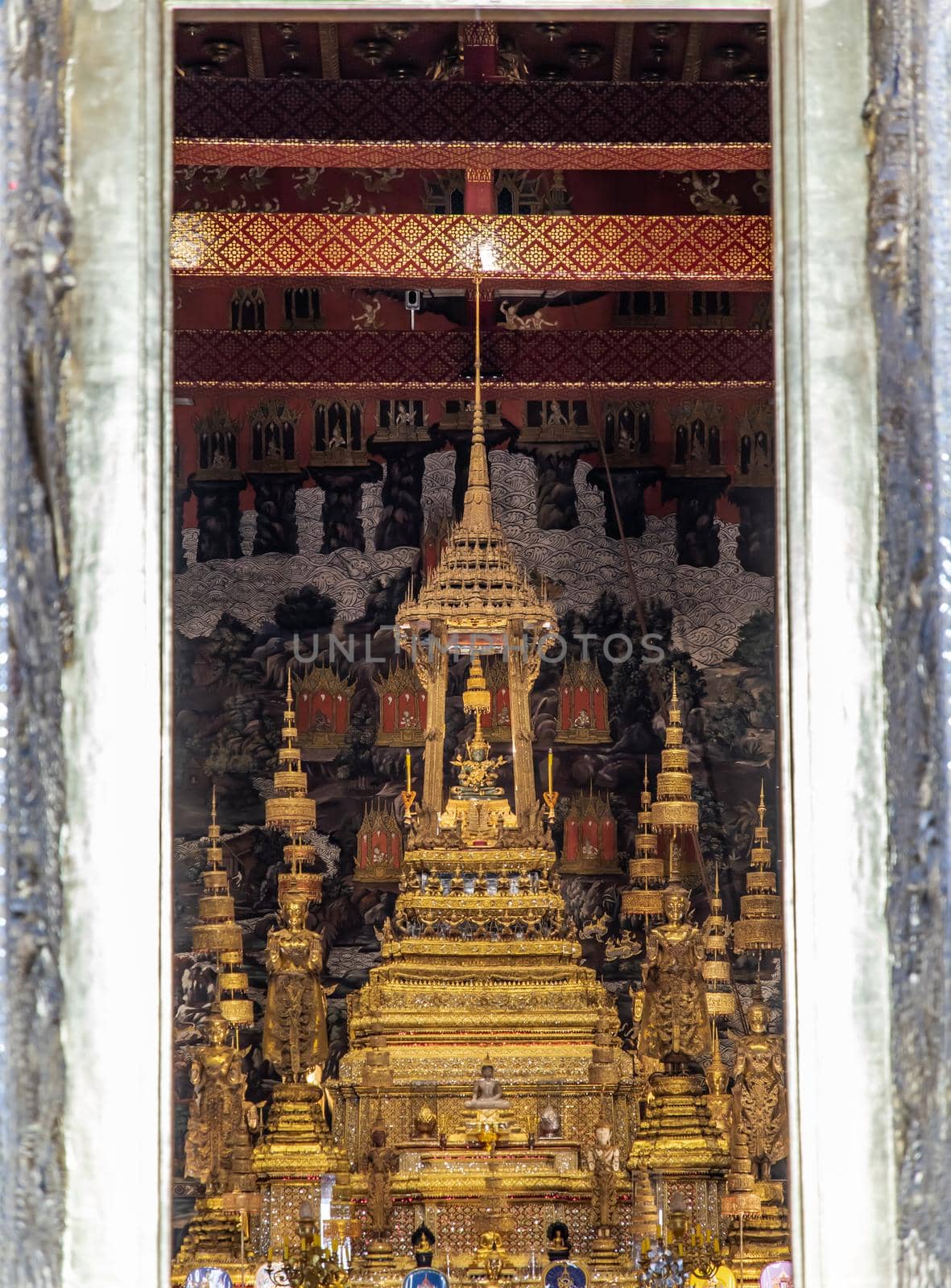 Bangkok, Thailand - Jun 19, 2020 : The Emerald Buddha in the temple of Wat Phra sri rattana sasadaram or Wat Phra Kaeo at the Grand Palace.