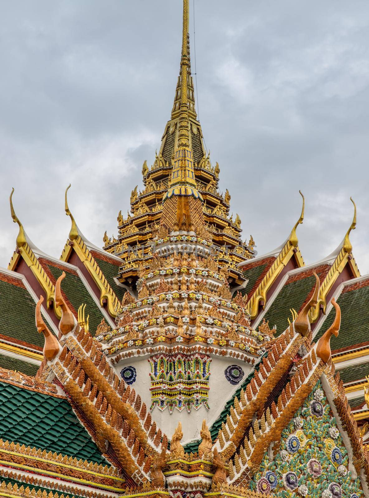 Bangkok, Thailand - Jun 19, 2020 : Beautiful Thai architecture of buildings in The Temple of the Emerald Buddha, the most sacred Buddhist temple in Thailand, it is also a potent religion symbolic of Thailand.