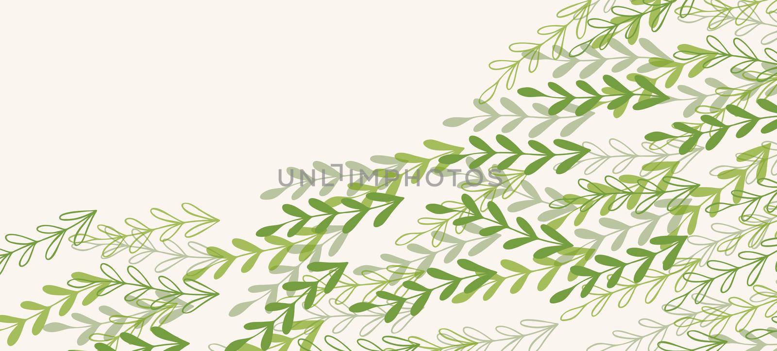 Floral web banner with drawn color exotic leaves. Nature concept design. Modern floral compositions with summer branches. Vector illustration on the theme of ecology, natura, environment by allaku