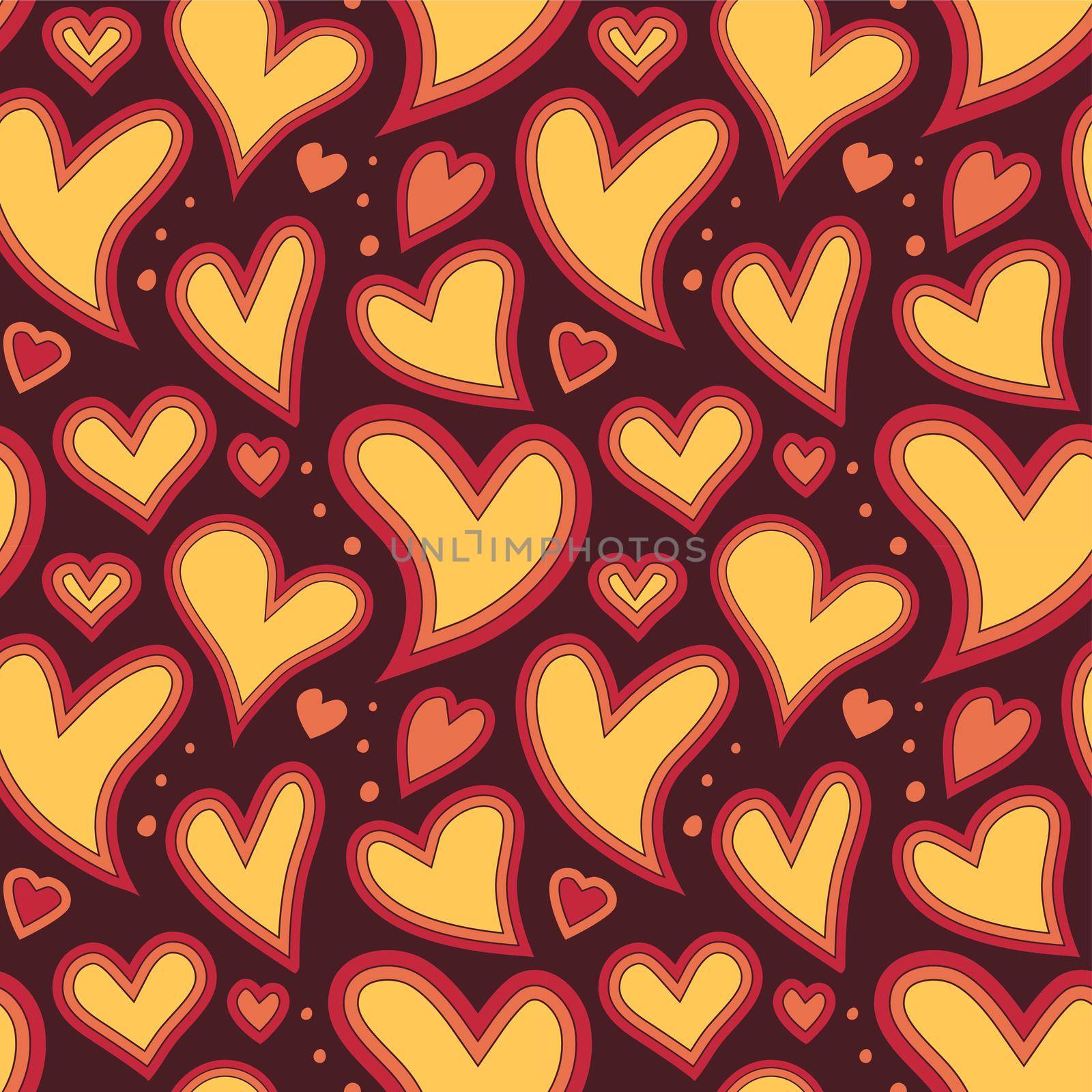 Red, orange, and yellow 70s-style psychedelic hearts and dots on a brown background. Seamless repeating background. Vector illustration.