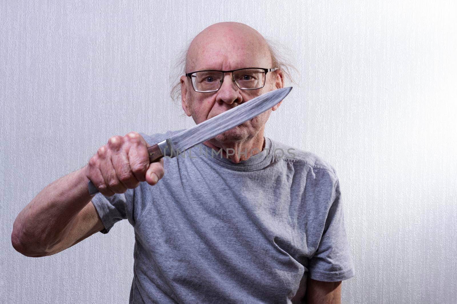 Old man with knife. Wearing glasses and baldness. Knife is huge kitchen meat. by Essffes