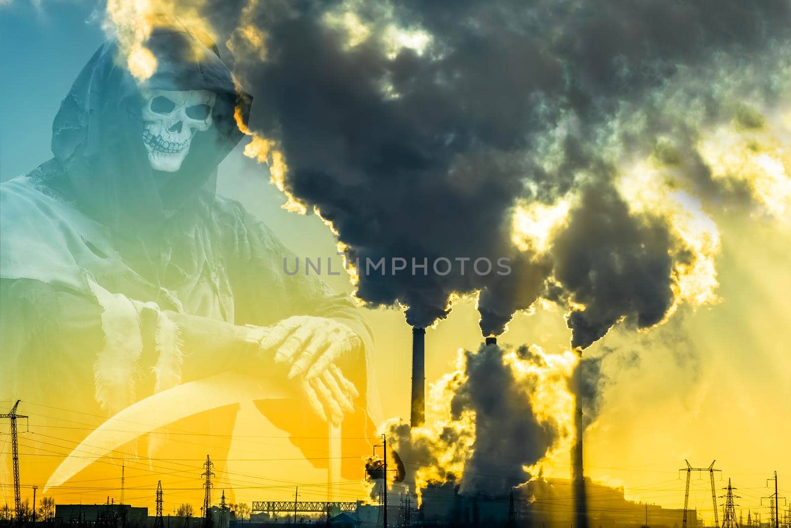 Sunset over the industrial city.Factory chimneys smoke.Environmental problem of environmental and atmospheric pollution.Climate change, environmental disaster.The sky is smoky with toxic substances by YevgeniySam