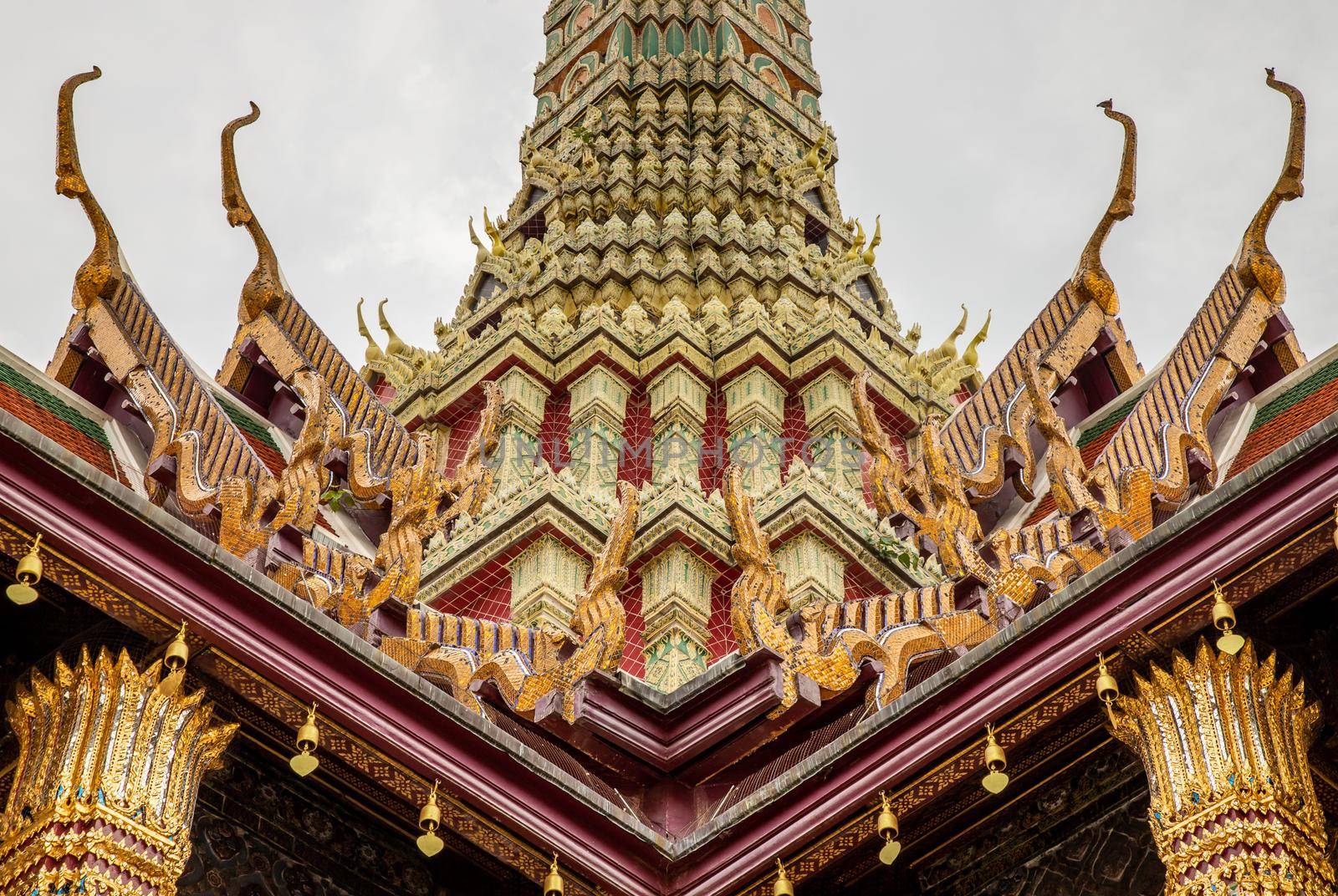 Bangkok, Thailand - Jun 19, 2020 : Beautiful Thai architecture of buildings in The Temple of the Emerald Buddha, the most sacred Buddhist temple in Thailand, it is also a potent religion symbolic of Thailand.