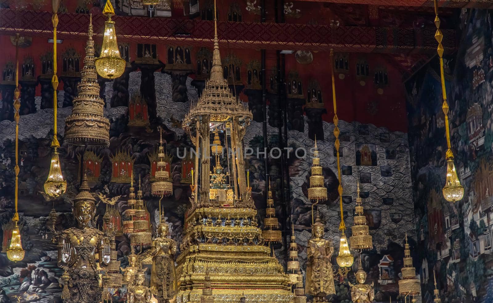 Bangkok, Thailand - Jun 19, 2020 : The Emerald Buddha in the temple of Wat Phra sri rattana sasadaram or Wat Phra Kaeo at the Grand Palace.