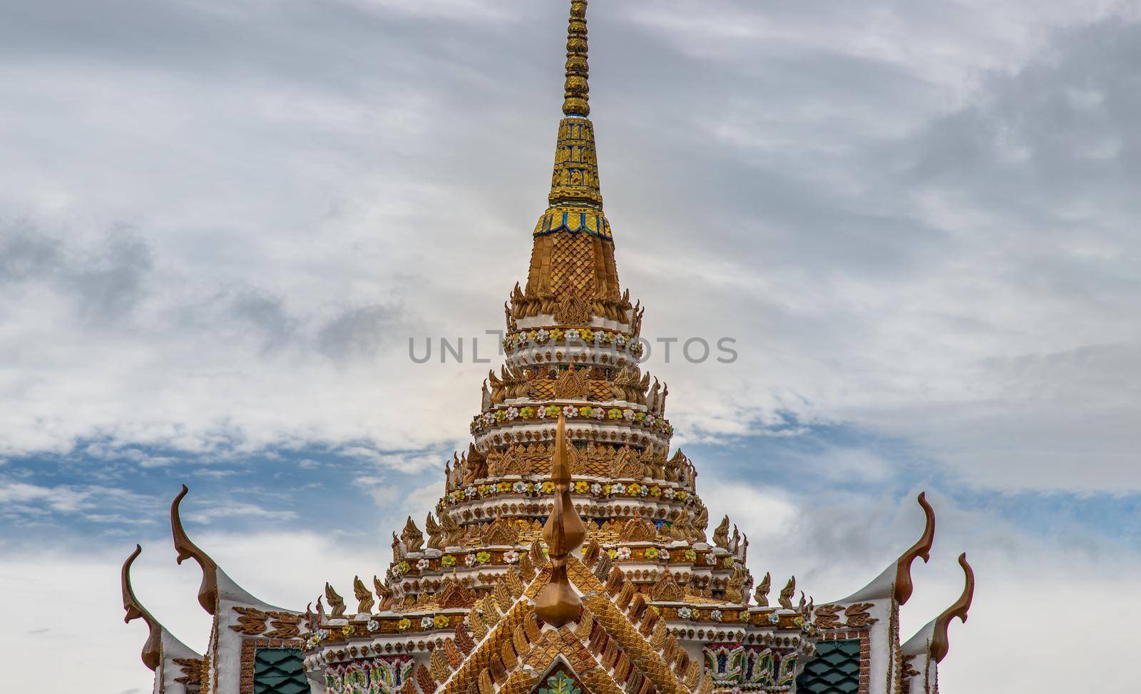 Bangkok, Thailand - Jun 19, 2020 : Beautiful Thai architecture of buildings in The Temple of the Emerald Buddha, the most sacred Buddhist temple in Thailand, it is also a potent religion symbolic of Thailand.