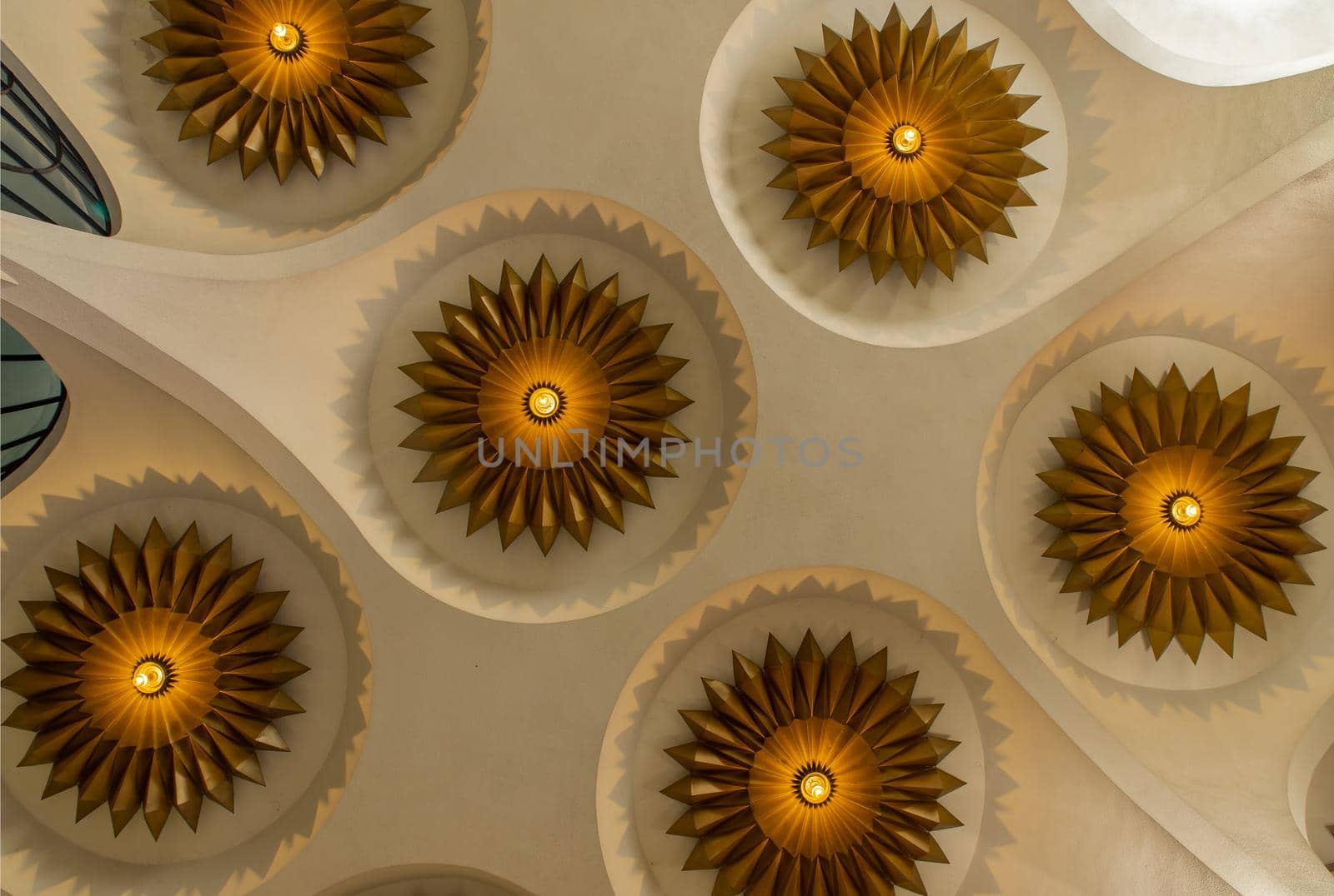 Bangkok, Thailand, Jul 03, 2020 : Bottom view of Beautiful interior design with Ceiling lamp in Scala cinema at Siam Square.