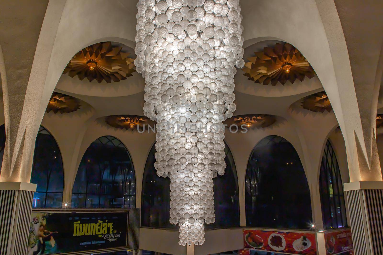 Bangkok, Thailand, Jul 03, 2020 : Beautiful interior design with Vintage chandelier lamps in Scala cinema theater at Siam Square in the night. Cultural entertainment.