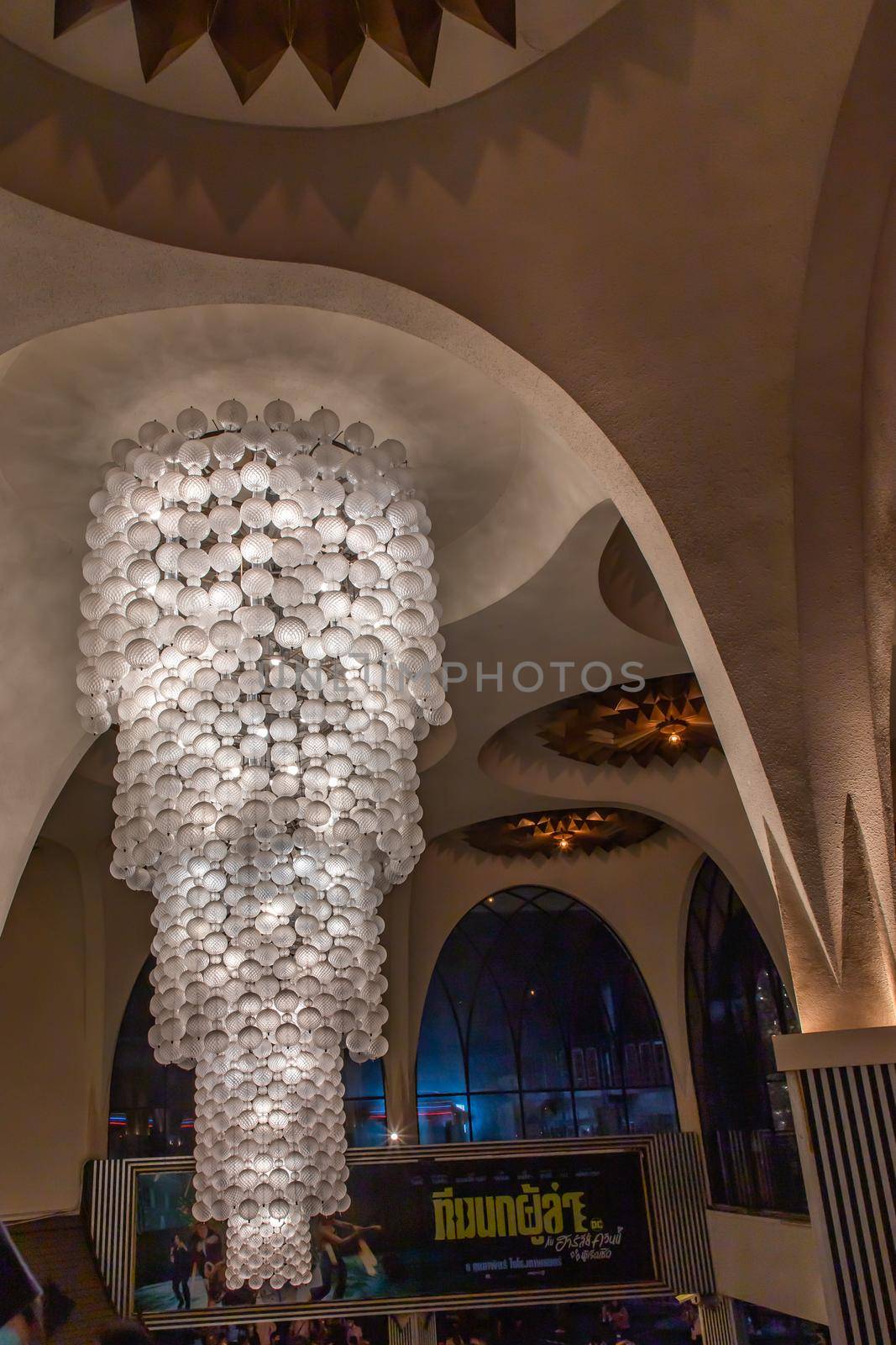 Bangkok, Thailand, Jul 03, 2020 : Gorgeous interior design with Vintage chandelier at the main hall of Scala cinema at Siam Square. Cultural entertainment.
