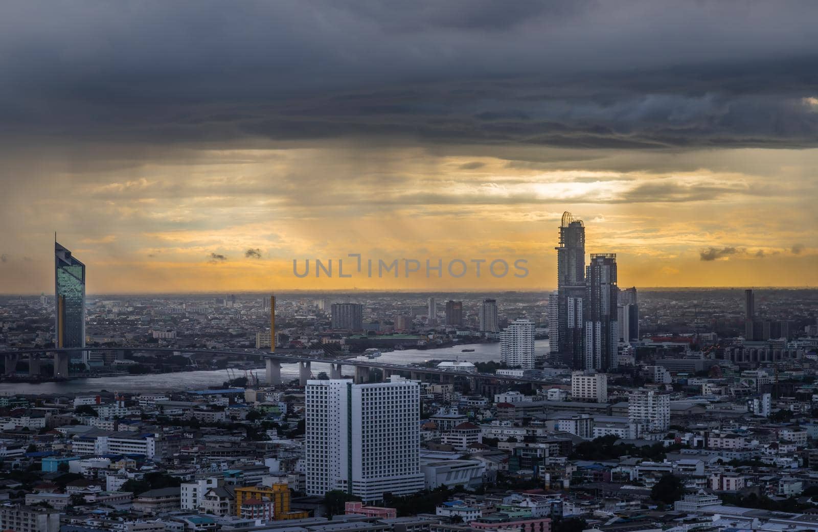 Bangkok, thailand - Jul 29, 2020 : Beautiful city view of Bangkok Before the rain at sunset creates relaxing feeling for the rest of the day. Selective focus.