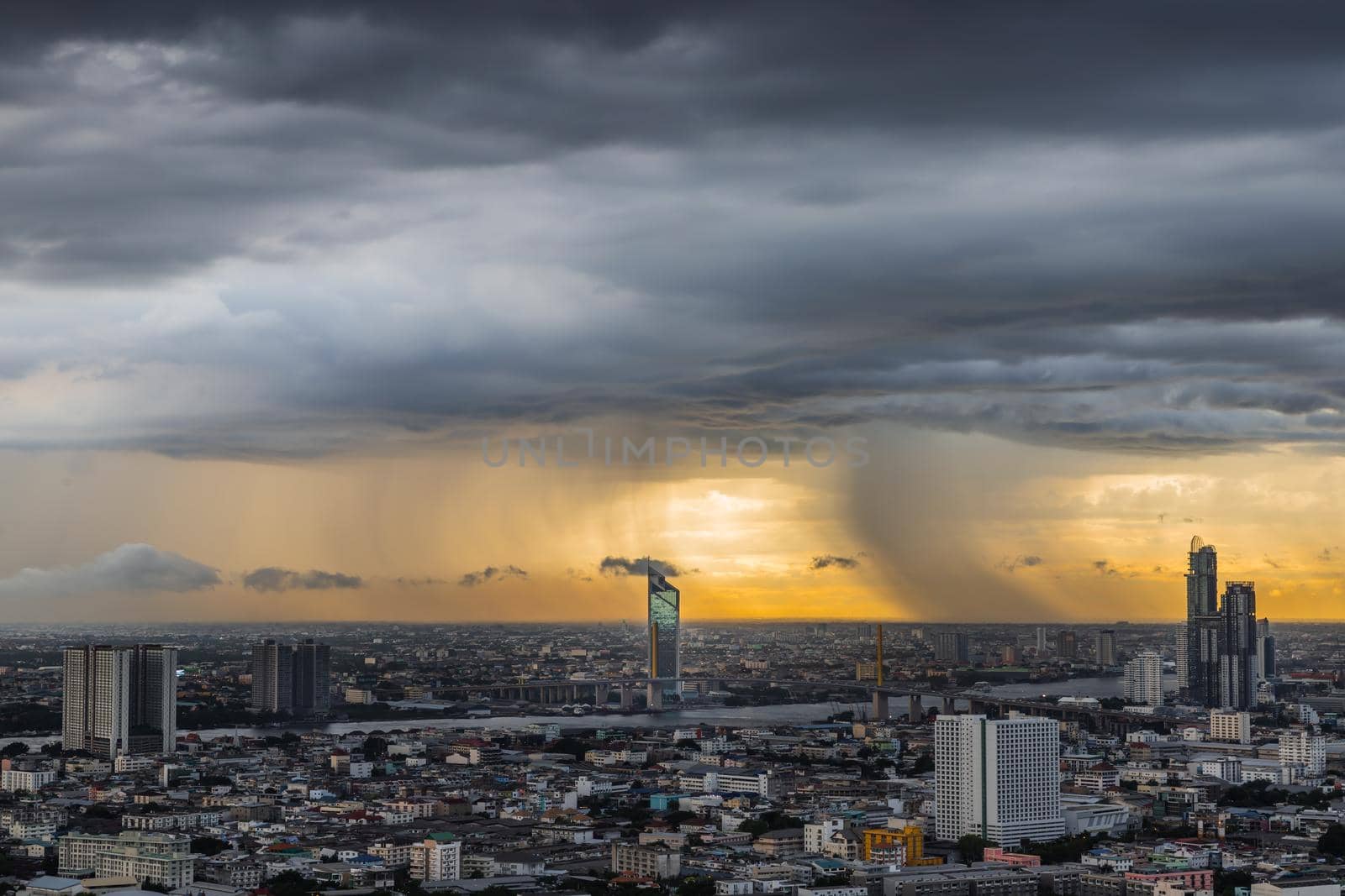 Bangkok, thailand - Jul 29, 2020 : Beautiful city view of Bangkok Before the rain at sunset creates relaxing feeling for the rest of the day. Selective focus.