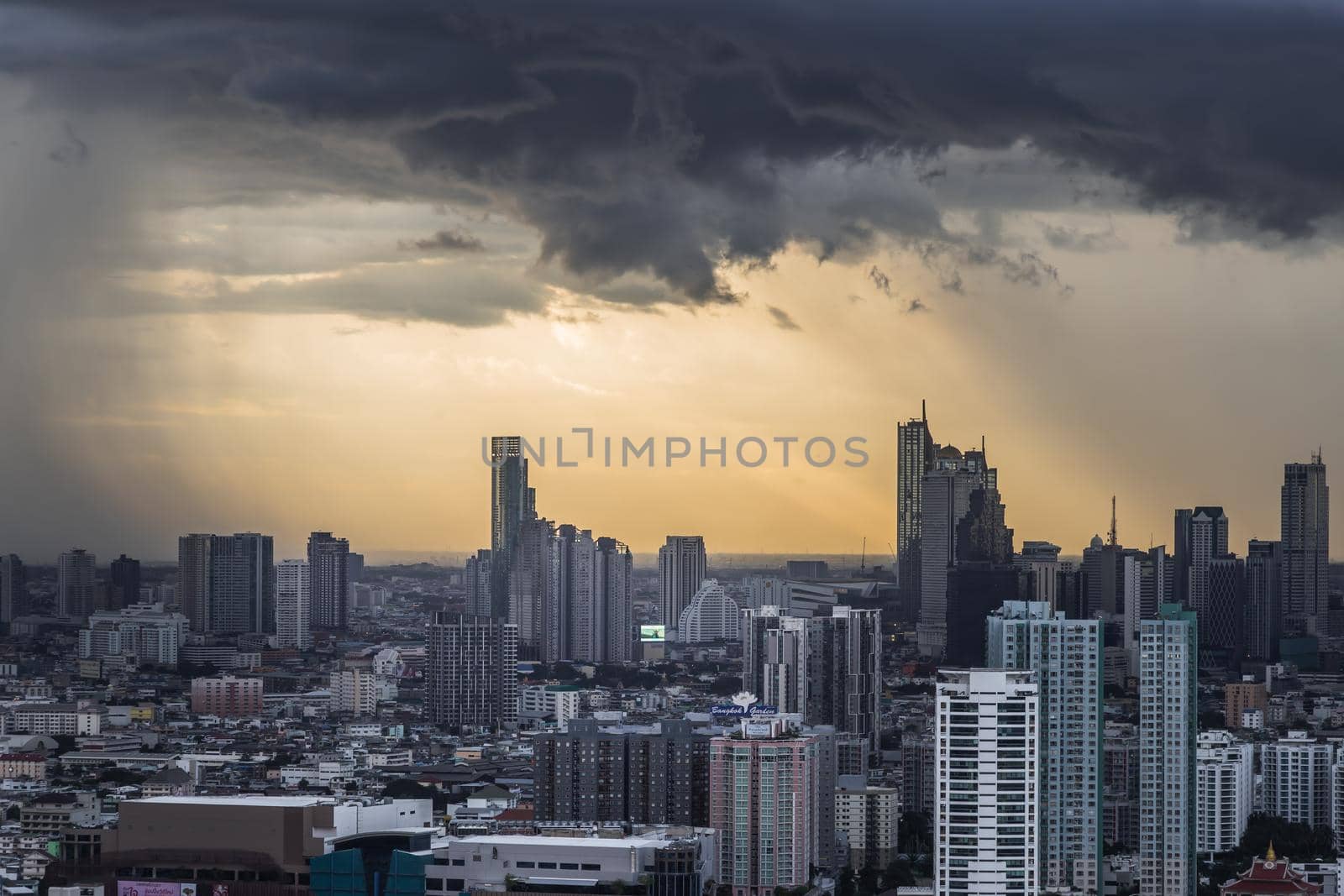 Bangkok, thailand - Jul 29, 2020 : Beautiful city view of Bangkok Before the rain at sunset creates relaxing feeling for the rest of the day. Selective focus.