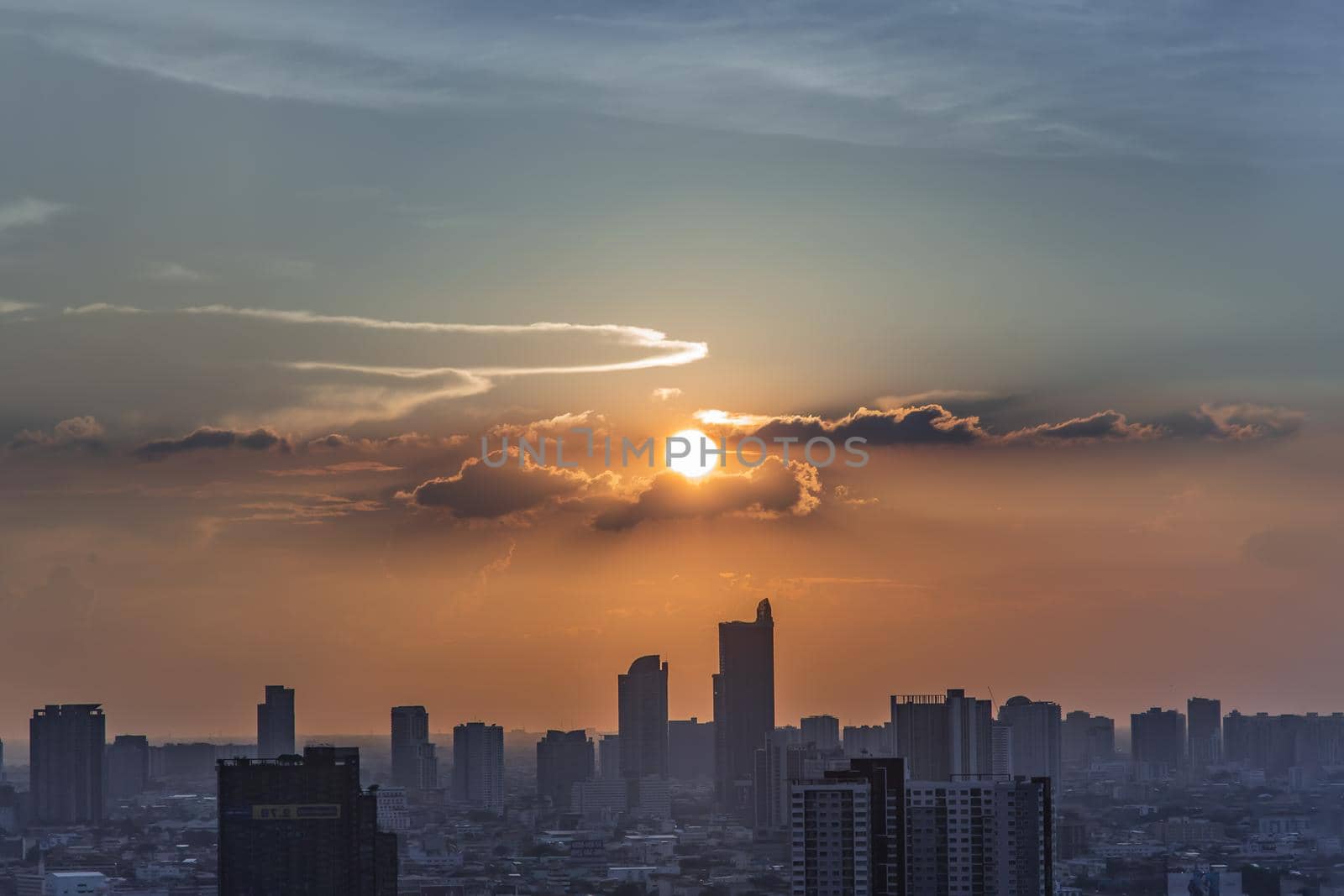 Bangkok, Thailand - Jun 21, 2020 : Beautiful city view of Bangkok before the sunset creates relaxing feeling for the rest of the day. Selective focus.