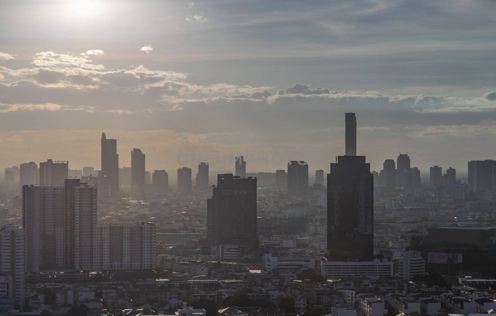 Bangkok, Thailand - Jun 30, 2020 : Beautiful city view of Bangkok before the sunset creates relaxing feeling for the rest of the day. Selective focus.