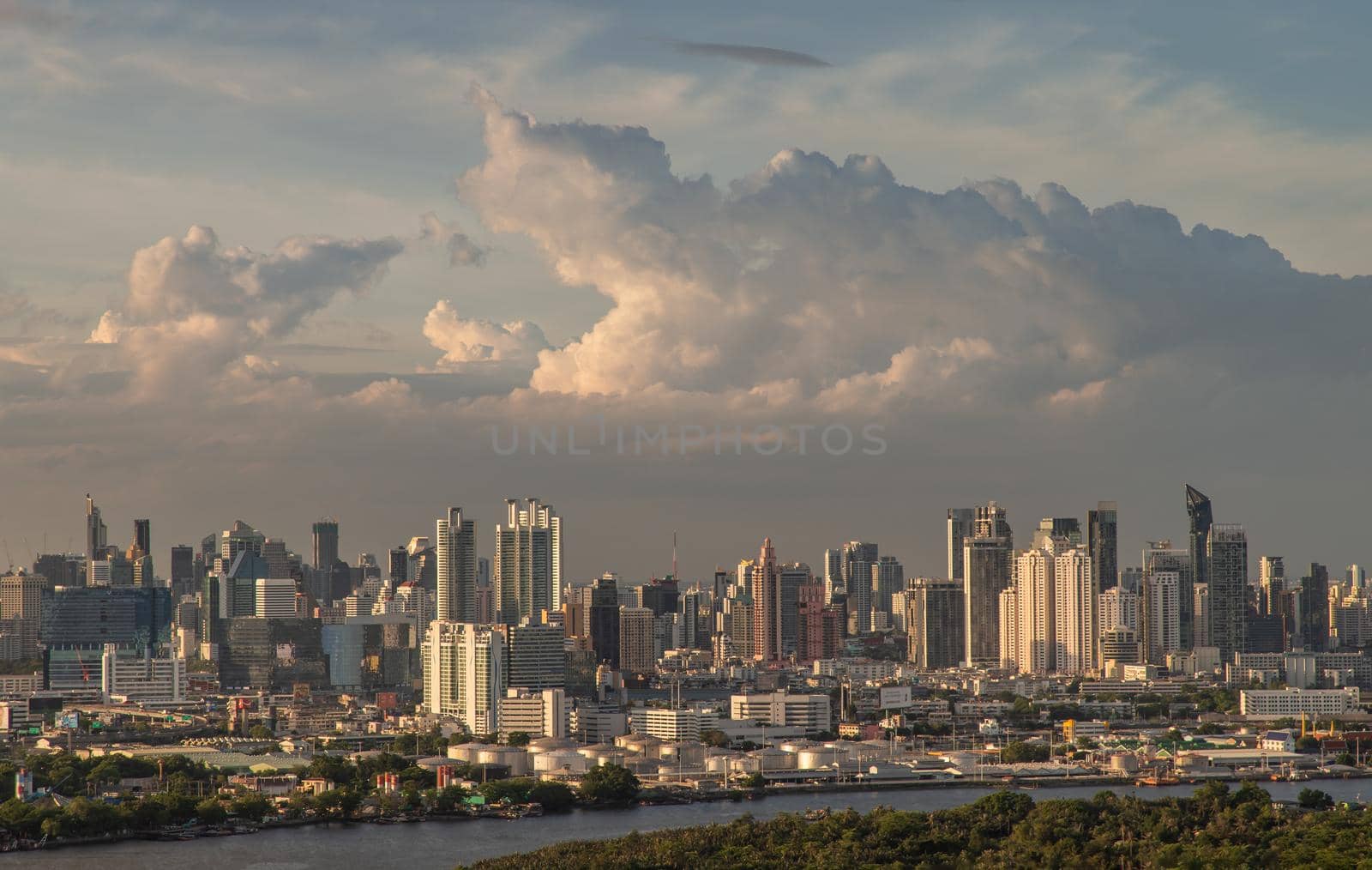 Bangkok, Thailand - Jun 30, 2020 : City view of Bangkok before the sun rises creates energetic feeling to get ready for the day waiting ahead. Selective focus.