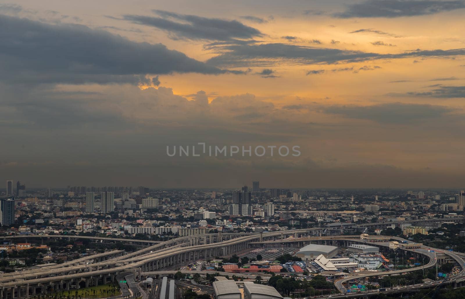 Bangkok, Thailand - Jul, 25, 2020 : Aerial view of Bang Sue central station, the new railway hub transportation building at evening. No focus, specifically.