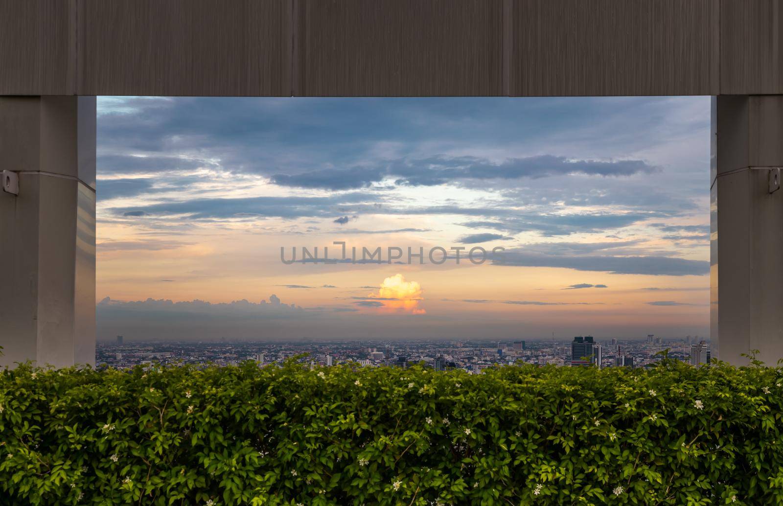Bangkok, Thailand - Jul 25, 2020 : Skyline framed from beautiful cityscape before the sunset creates energetic feeling to get ready for the day waiting ahead. Selective focus.