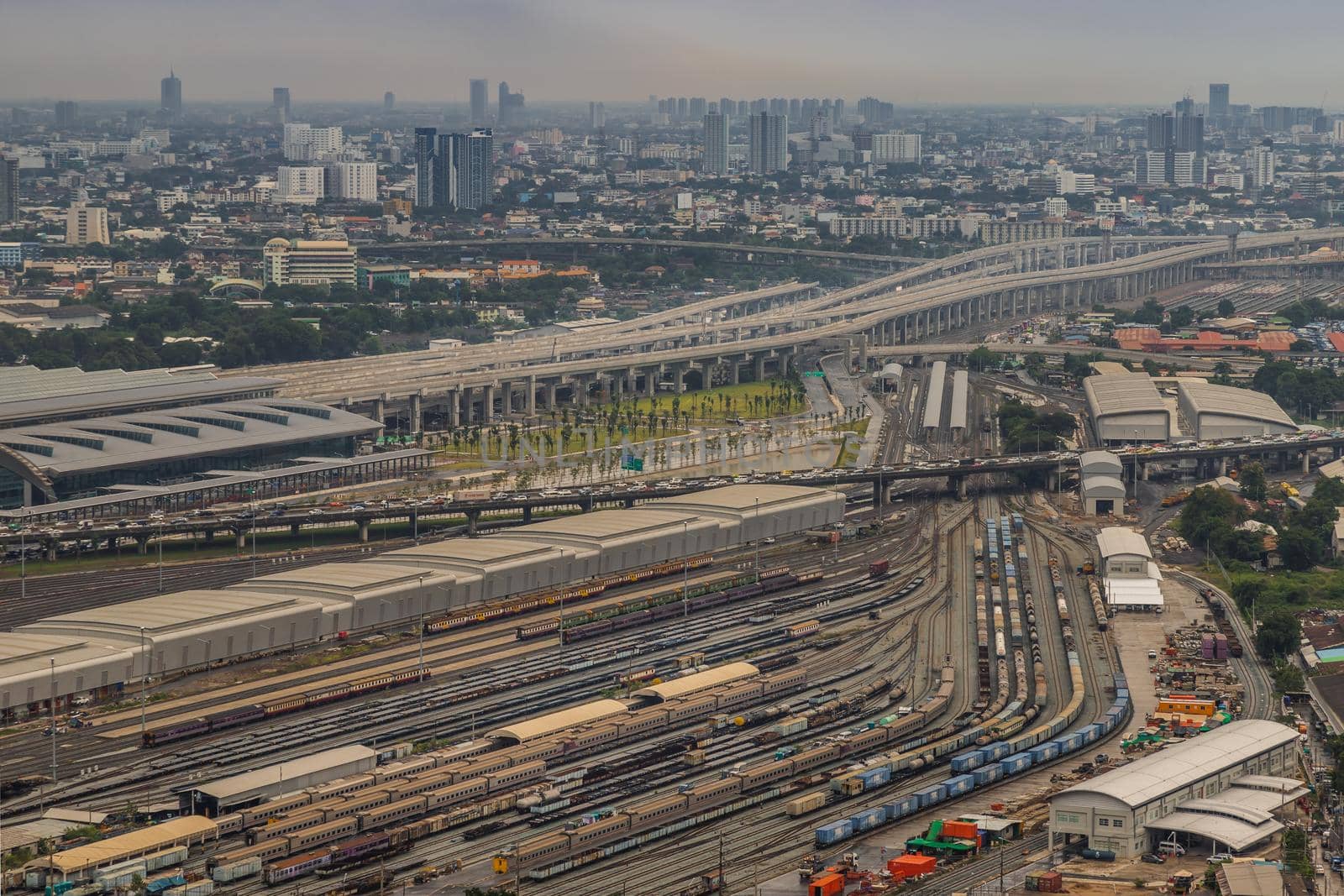 Bangkok, Thailand - Jul, 25, 2020 : Aerial view of Bang Sue central station, the new railway hub transportation building at bangkok. No focus, specifically.