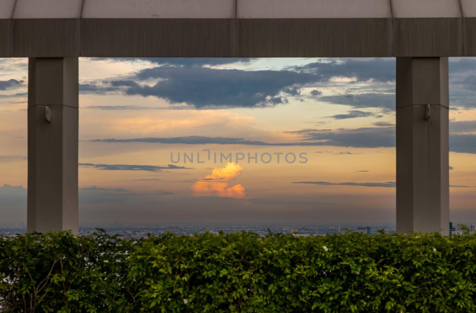 Bangkok, Thailand - Jul 25, 2020 : Skyline framed from beautiful cityscape before the sunset creates energetic feeling to get ready for the day waiting ahead. Selective focus.