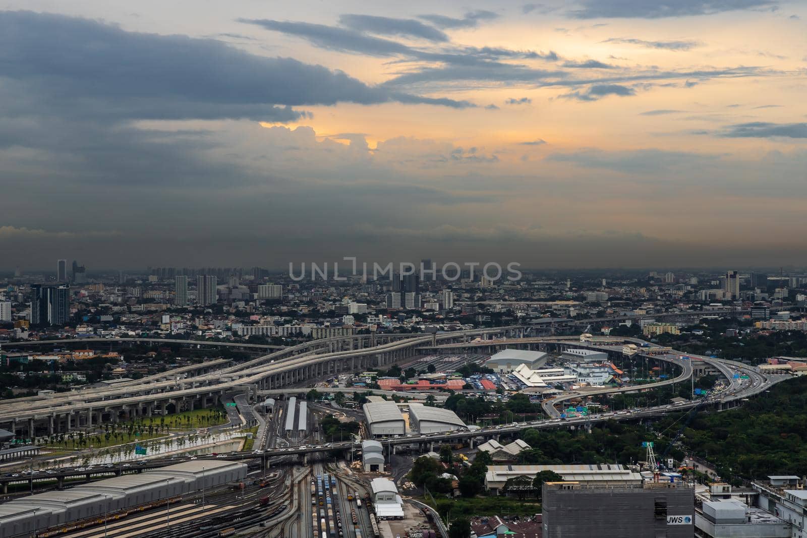 Bangkok, Thailand - Jul, 25, 2020 : Aerial view of Bang Sue central station, the new railway hub transportation building at evening. No focus, specifically.