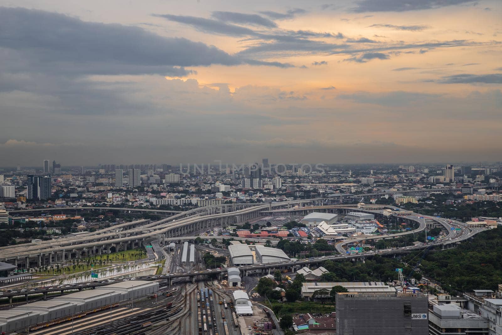 Bangkok, Thailand - Jul, 25, 2020 : Aerial view of Bang Sue central station, the new railway hub transportation building at evening. No focus, specifically.
