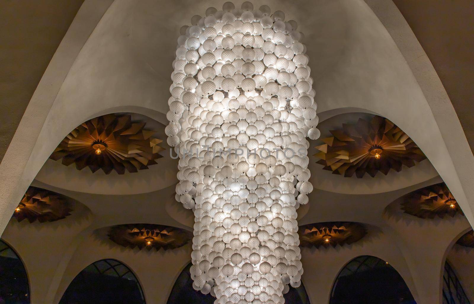 Bangkok, Thailand, Jul 03, 2020 : Beautiful interior design with Vintage chandelier lamps in Scala cinema theater at Siam Square in the night. Cultural entertainment.