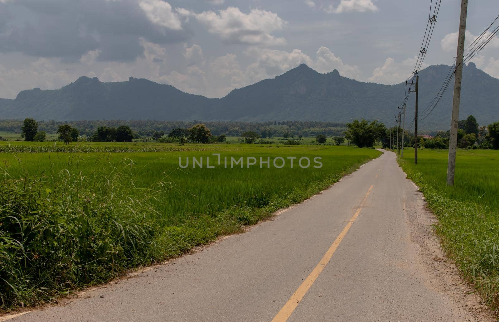Empty straight road to the village with scenery view on the side and behind is forest mountains with beautiful morning sunlight clouds and bright blue sky. No focus, specifically.