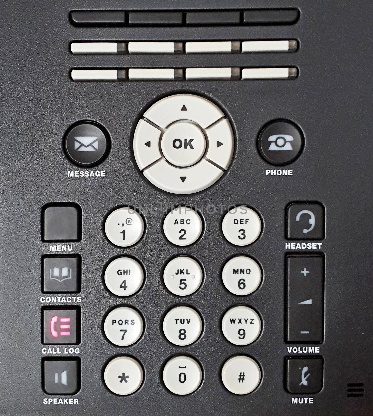 Full frame background with buttons of modern office telephone. Telephone keypad background.