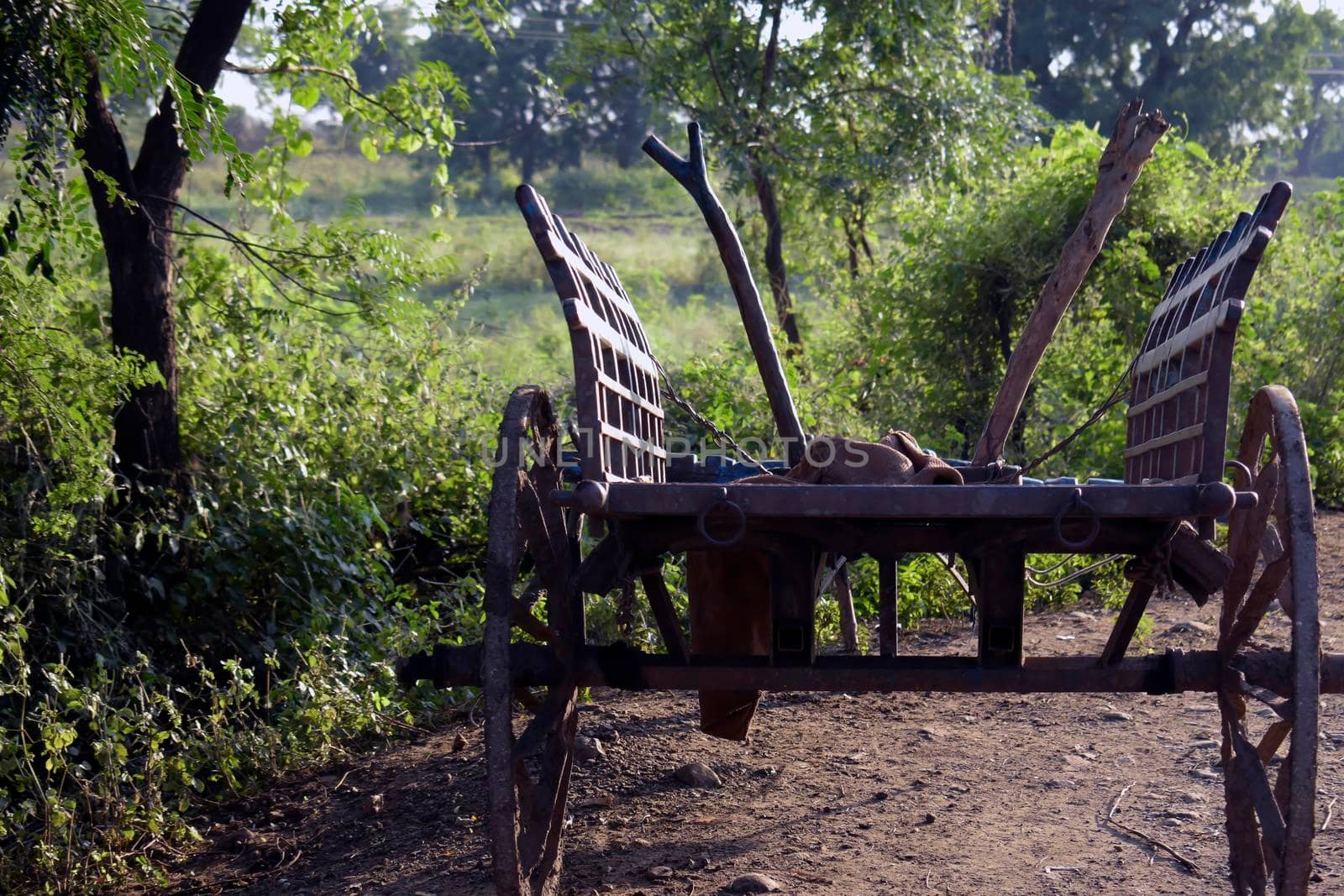 Some Photos of Old indian wooden bullock cart in green farm. Vintage style wooden bullock cart in rusty brown colour with pleasant sky by tabishere