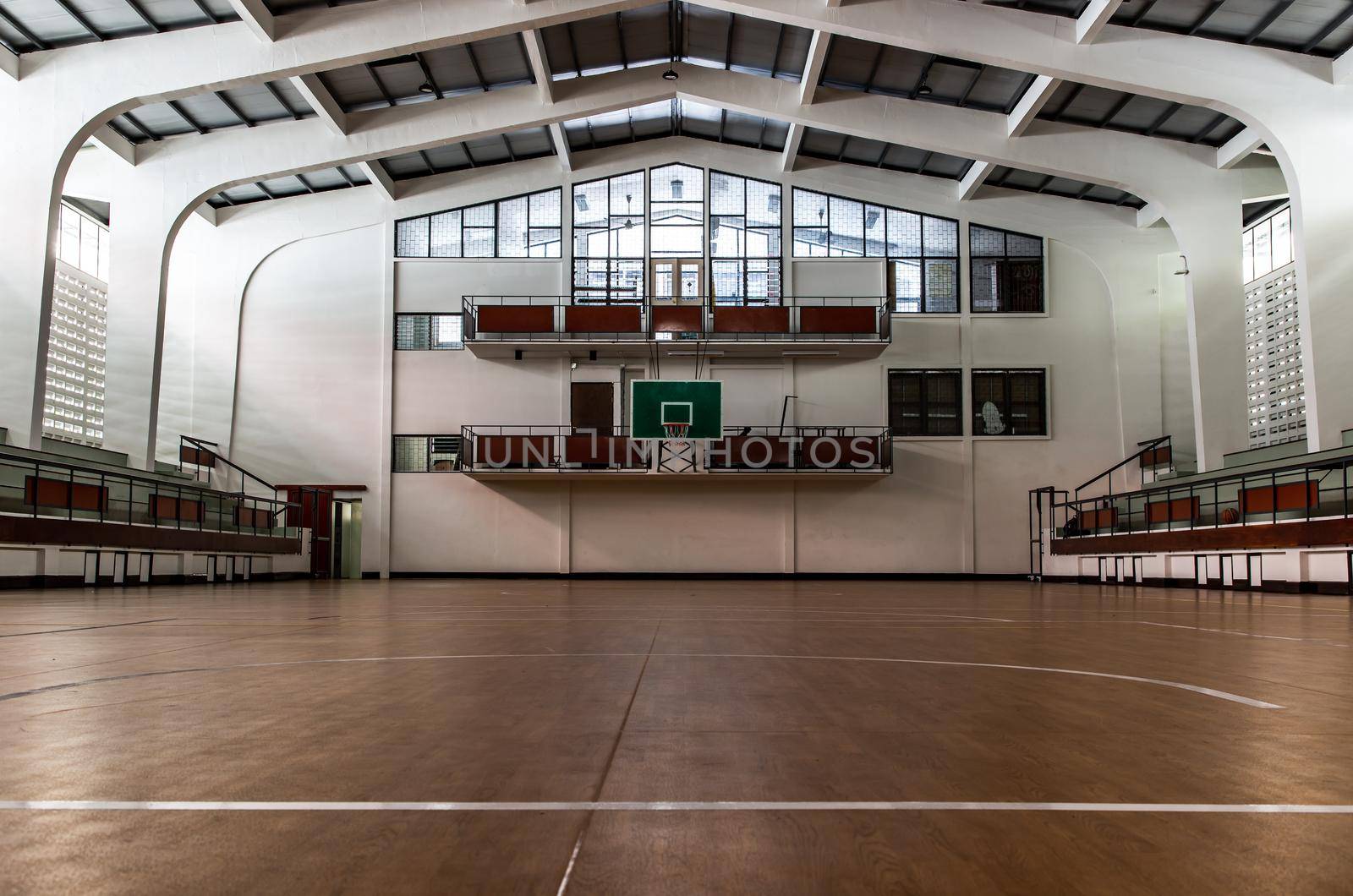 Bangkok, Thailand - Oct 04, 2020 : Empty basketball gym. Interior of a basketball hall. Copy space, Selective focus.