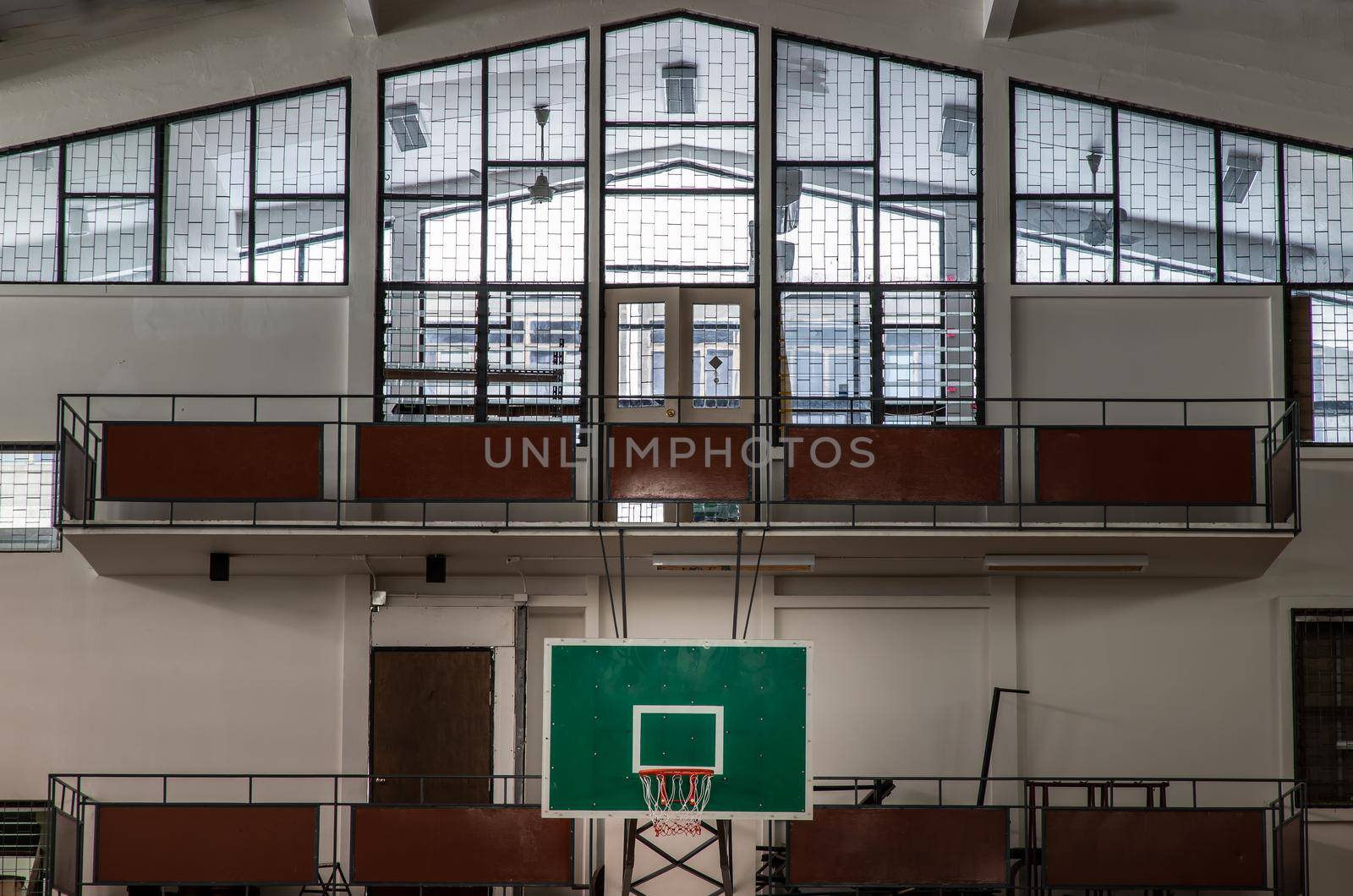 Bangkok, Thailand - Oct 04, 2020 : indoor sport basketball hoop in gym. Interior of a basketball hall. Copy space, Selective focus.