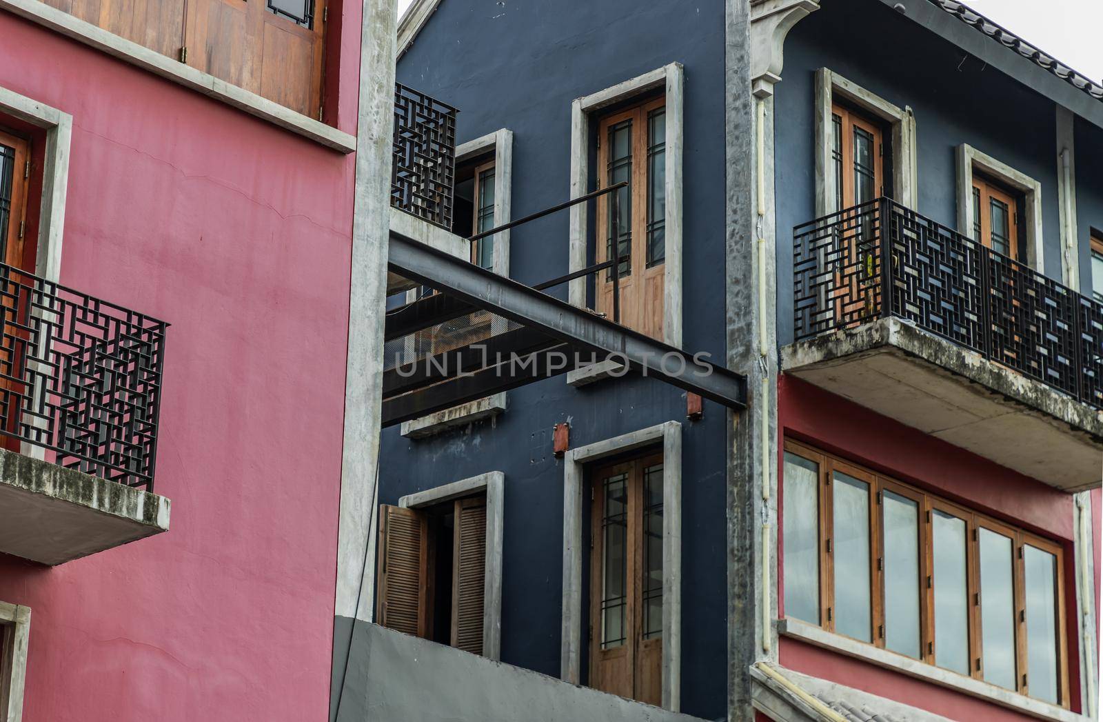 Bangkok, Thailand - Aug 01, 2020 : Exterior design retro Chinese style building. Selective focus.