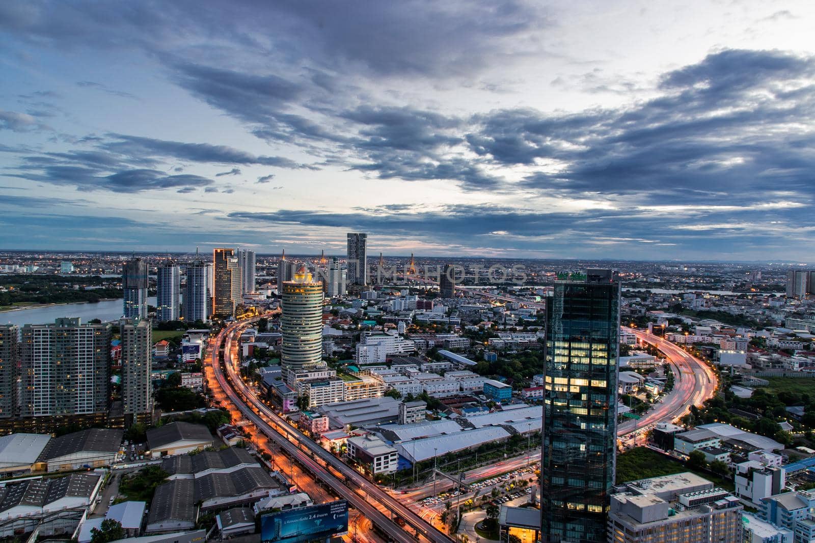 Bangkok, Thailand - Sep 24, 2020 : Bangkok downtown cityscape with skyscrapers at evening give the city a modern style. No focus, specifically.