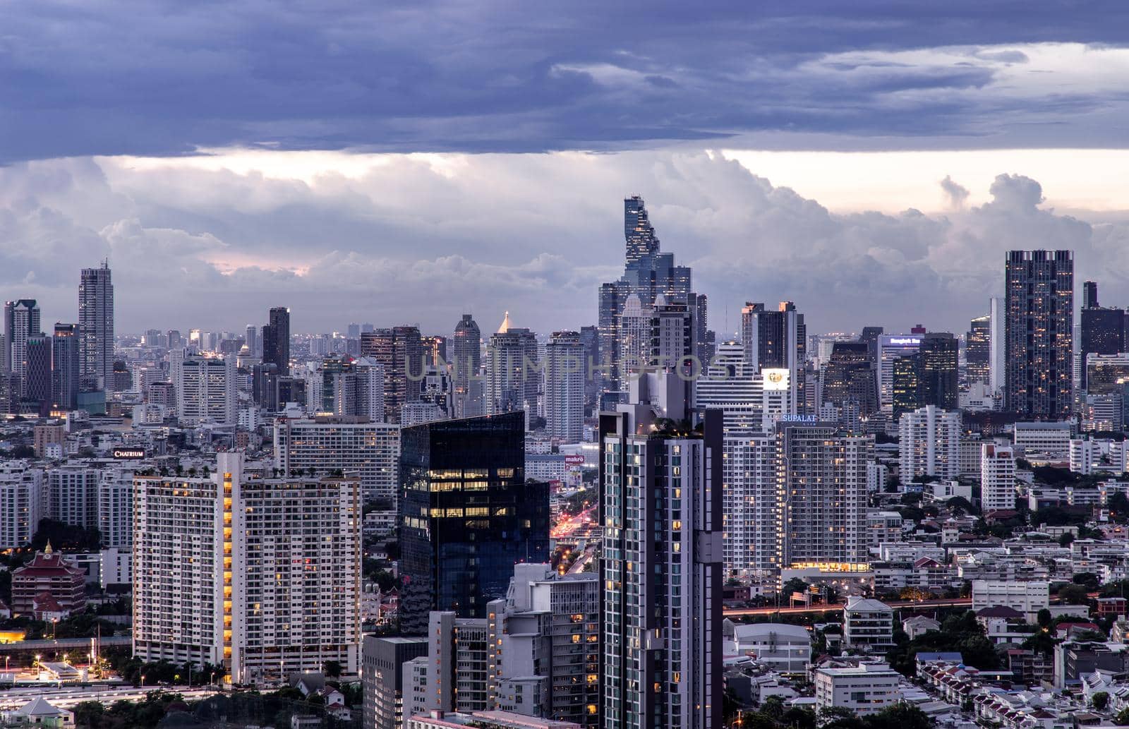 Bangkok, Thailand - Sep 24, 2020 : Bangkok downtown cityscape with skyscrapers at evening give the city a modern style. No focus, specifically.