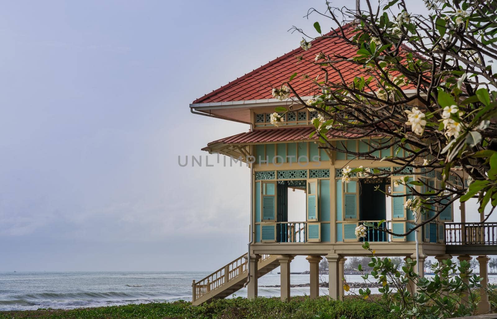 Phetchaburi, Thailand - Feb 29, 2020 :  Beautiful Maruek kathayawan palace (Love and hope palace) the summer palace of the king in Cha-Am District.