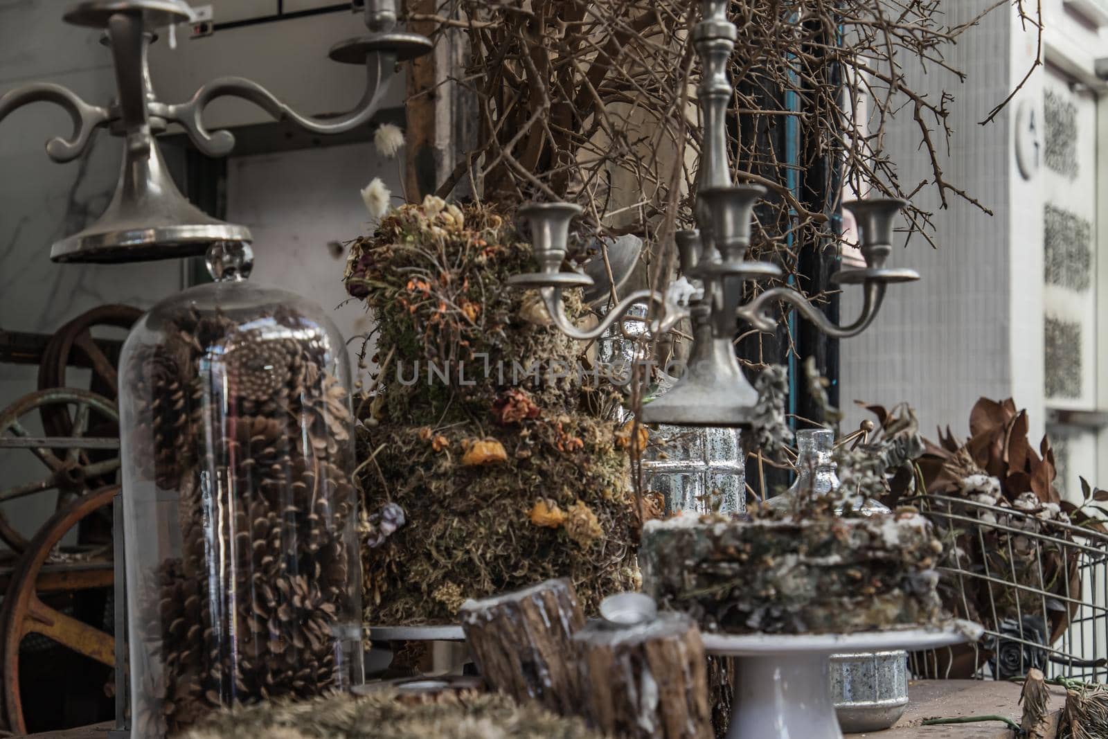 Antique candlestick and Dry plant, Dried flowers, Pine cones with Glass bottle Decorate on wooden table in cafe. Vintage shop decoration idea. Selective focus.