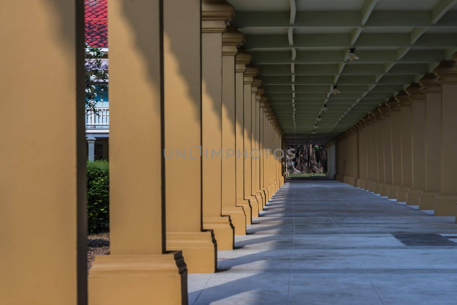 Phetchaburi, Thailand - Feb 29, 2020 : The walkway at space under the house of Maruek kathayawan palace. The summer palace of the king in Cha-Am District.