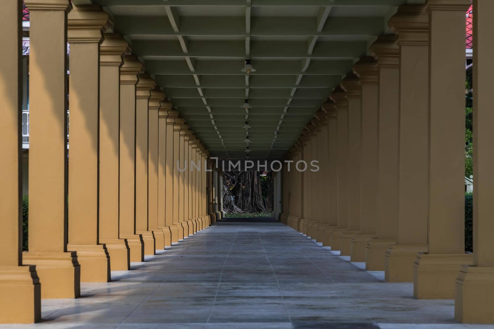 Phetchaburi, Thailand - Feb 29, 2020 : The walkway at space under the house of Maruek kathayawan palace. The summer palace of the king in Cha-Am District.