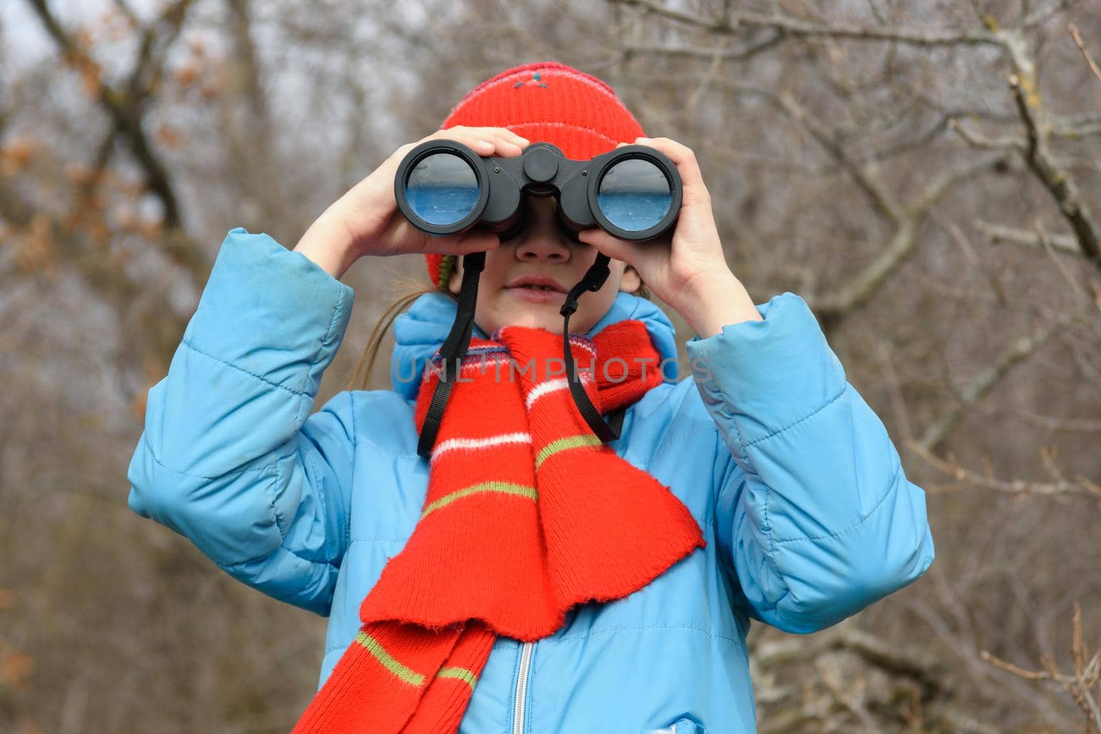 A girl looks through binoculars on a background of a winter forest, front view, close-up