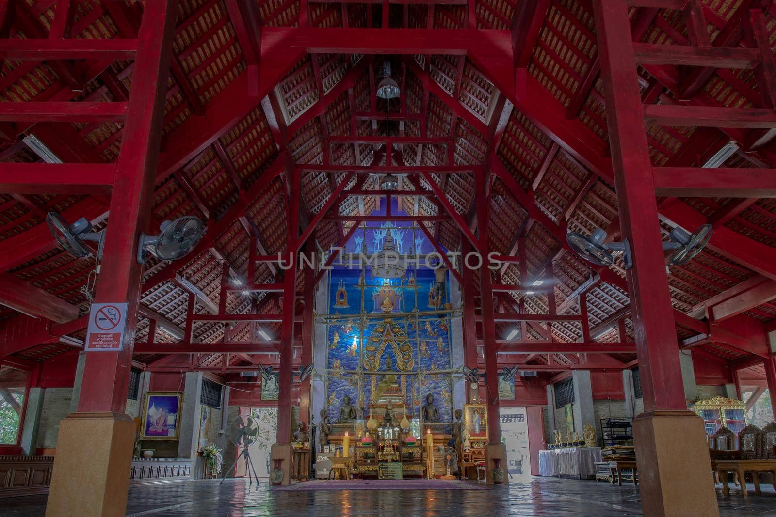 Lampang, Thailand - Sep 03, 2020 : The buddha image in main vihan at Buddhist temple in Wat Chaloem Phrakiat Phrachomklao Rachanuson at Chae Hom. Selective focus.