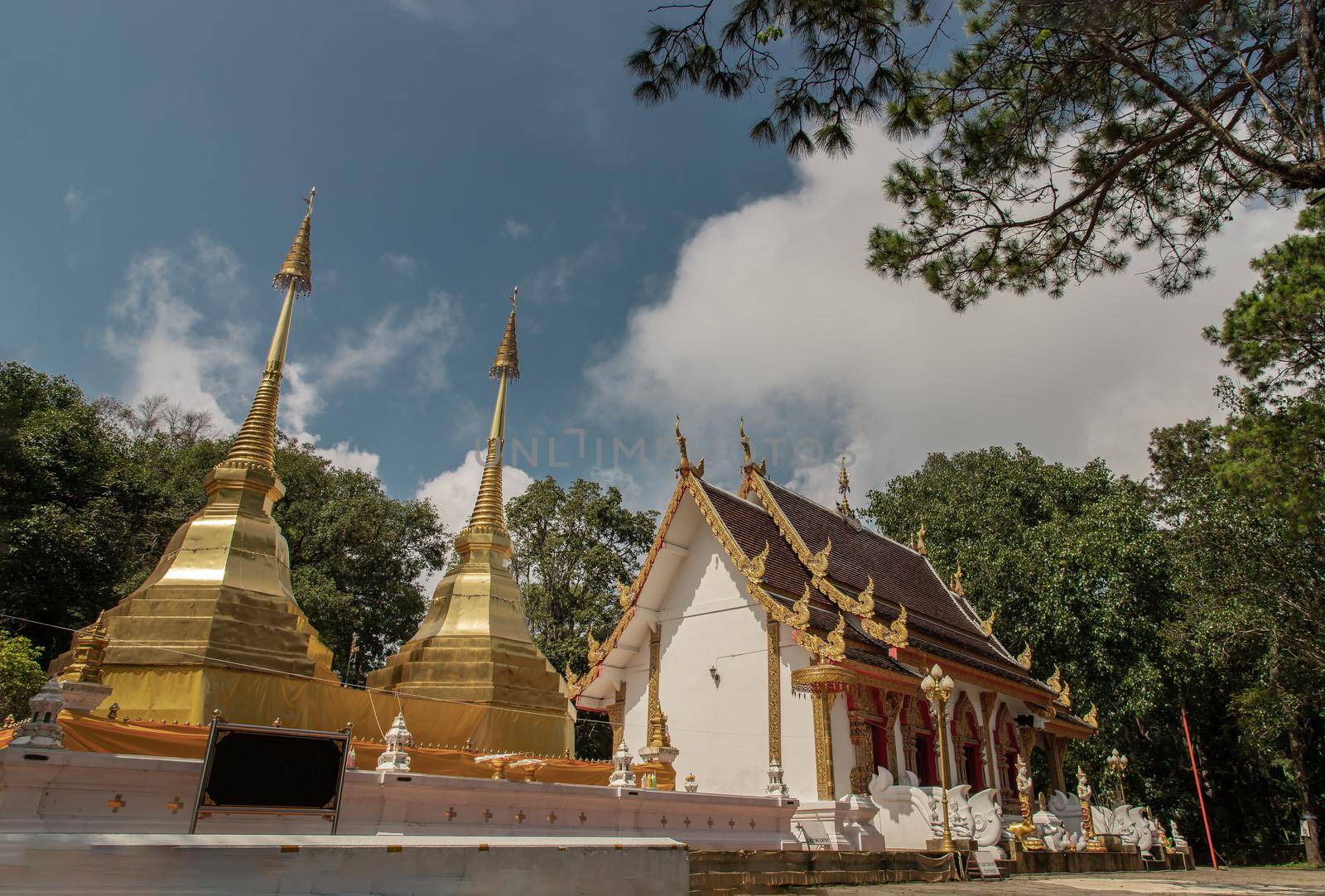 Two golden pagodas or stupa Mae Sai in Phra That Doi Tung temple (Wat Phra That Doi Tung). Buddhist monastery and temple of public. Chiang Rai province Thailand. Selective focus.
