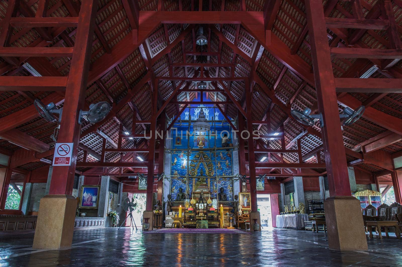 Lampang, Thailand - Sep 03, 2020 : The buddha image in main vihan at Buddhist temple in Wat Chaloem Phrakiat Phrachomklao Rachanuson at Chae Hom. Selective focus.