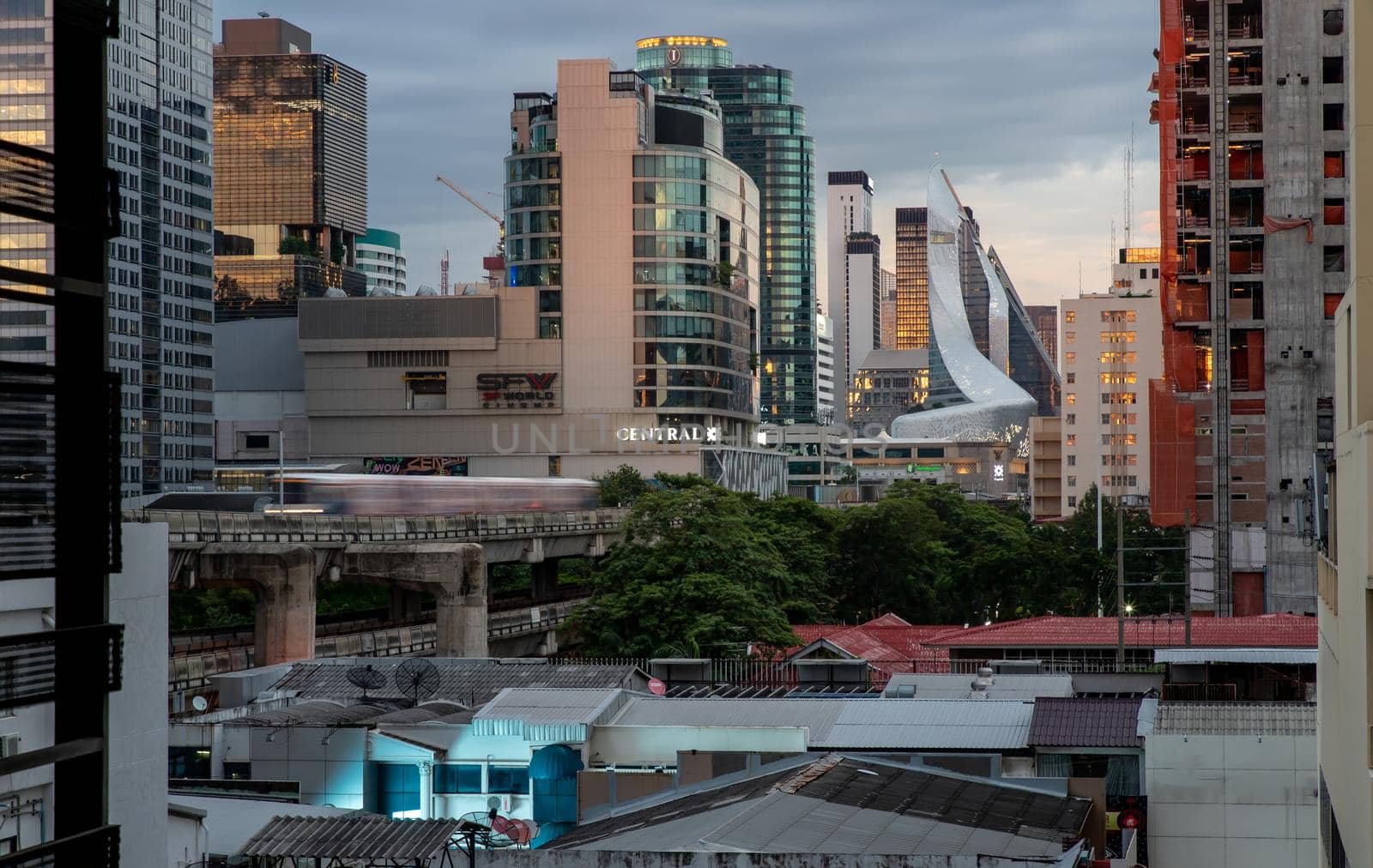 Bangkok, Thailand - Aug 27, 2020 : Bangkok beautiful skyscrapers. Bangkok city district office building and center for business in the evening. Selective focus.