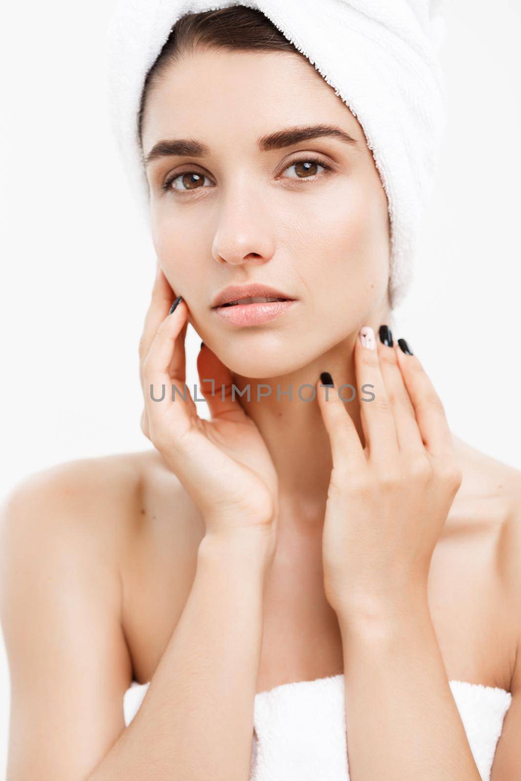 Beauty and Skin care concept - Close up Beautiful Young Woman touching her skin by Benzoix